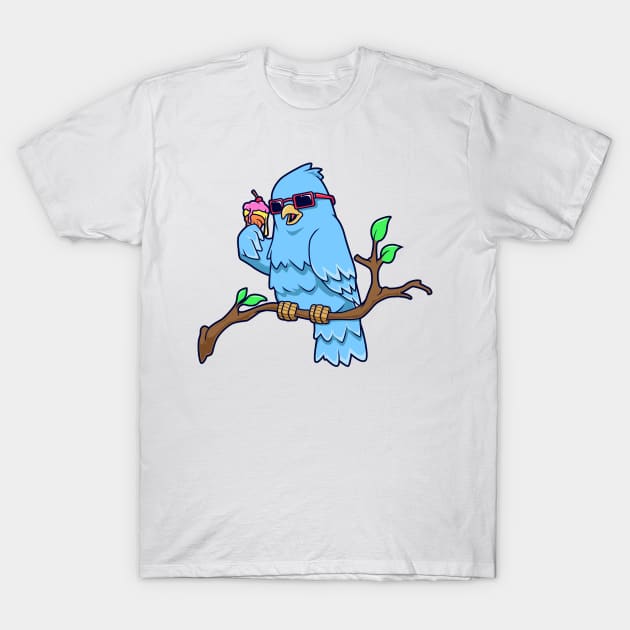 Cool bird on branch eating ice cream cone T-Shirt by Modern Medieval Design